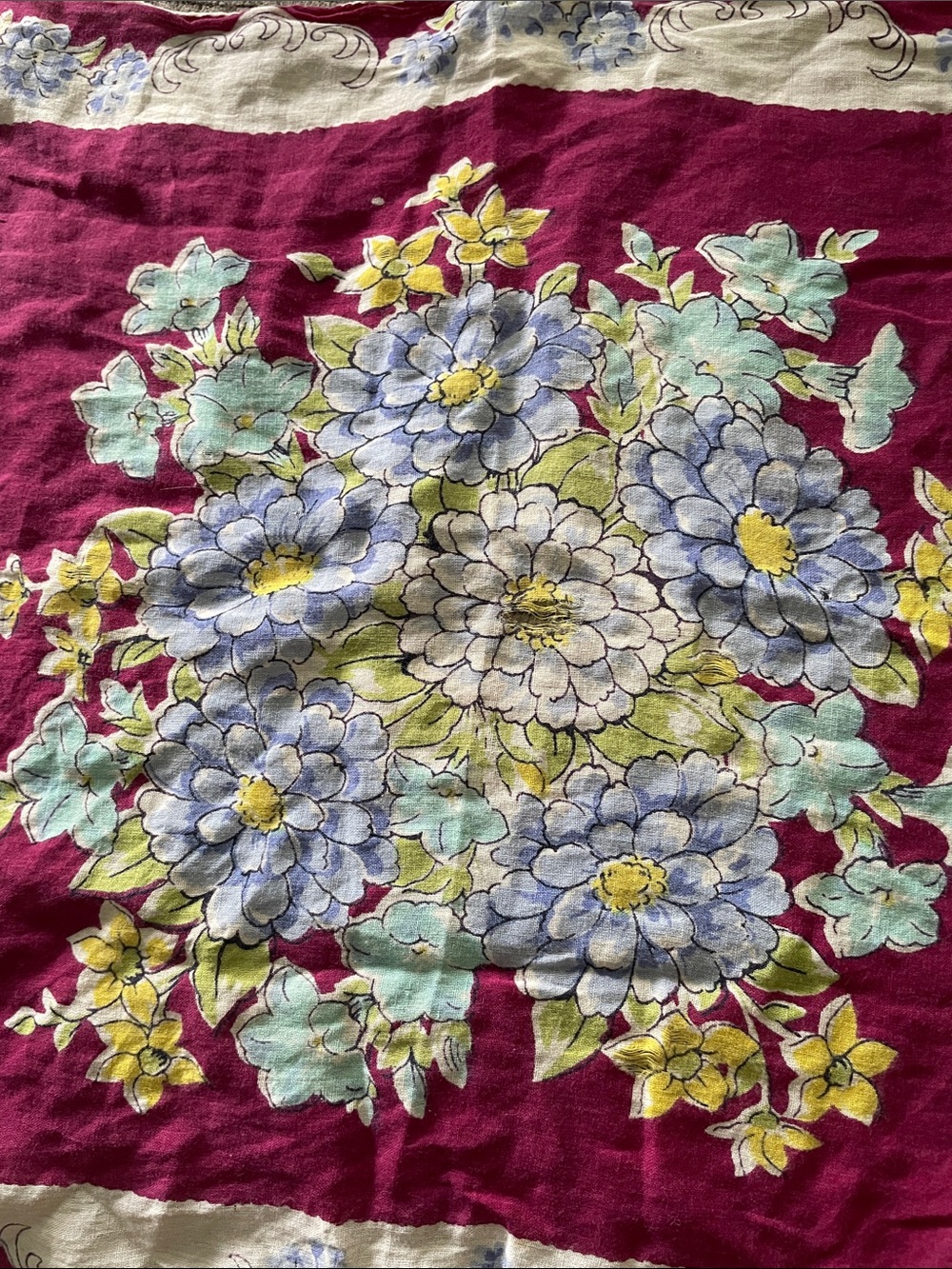 Vintage Floral Patterned Women's Hankerchief in Magenta, Blue and Yellow Accents